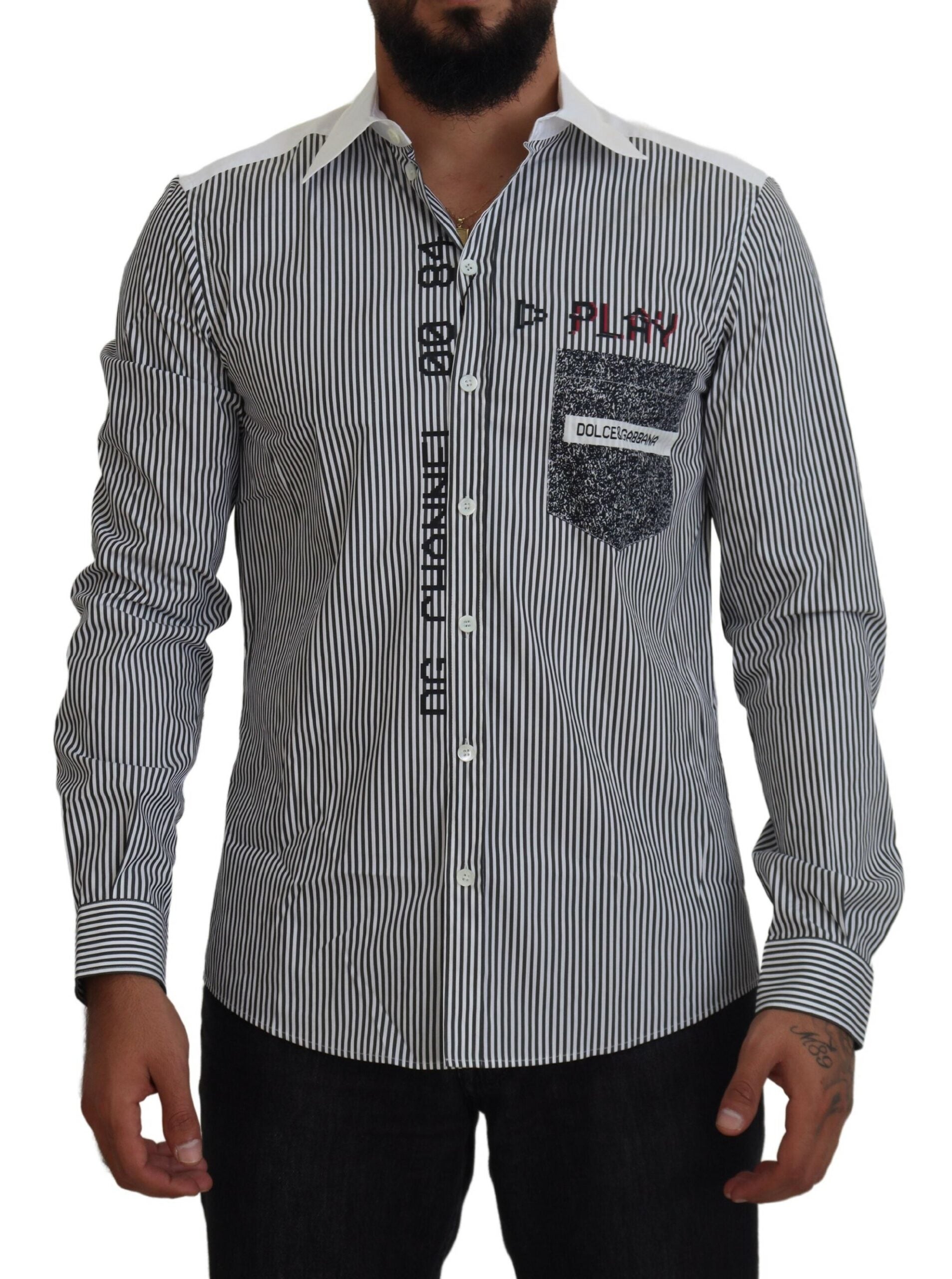 Gray and white striped slim fit shirt by Dolce & Gabbana, shown with collar, buttons, and tailored fit in the image.