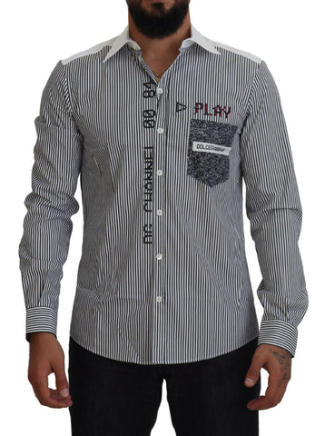 Gray and white striped slim fit shirt by Dolce & Gabbana, shown with collar, buttons, and tailored fit in the image.