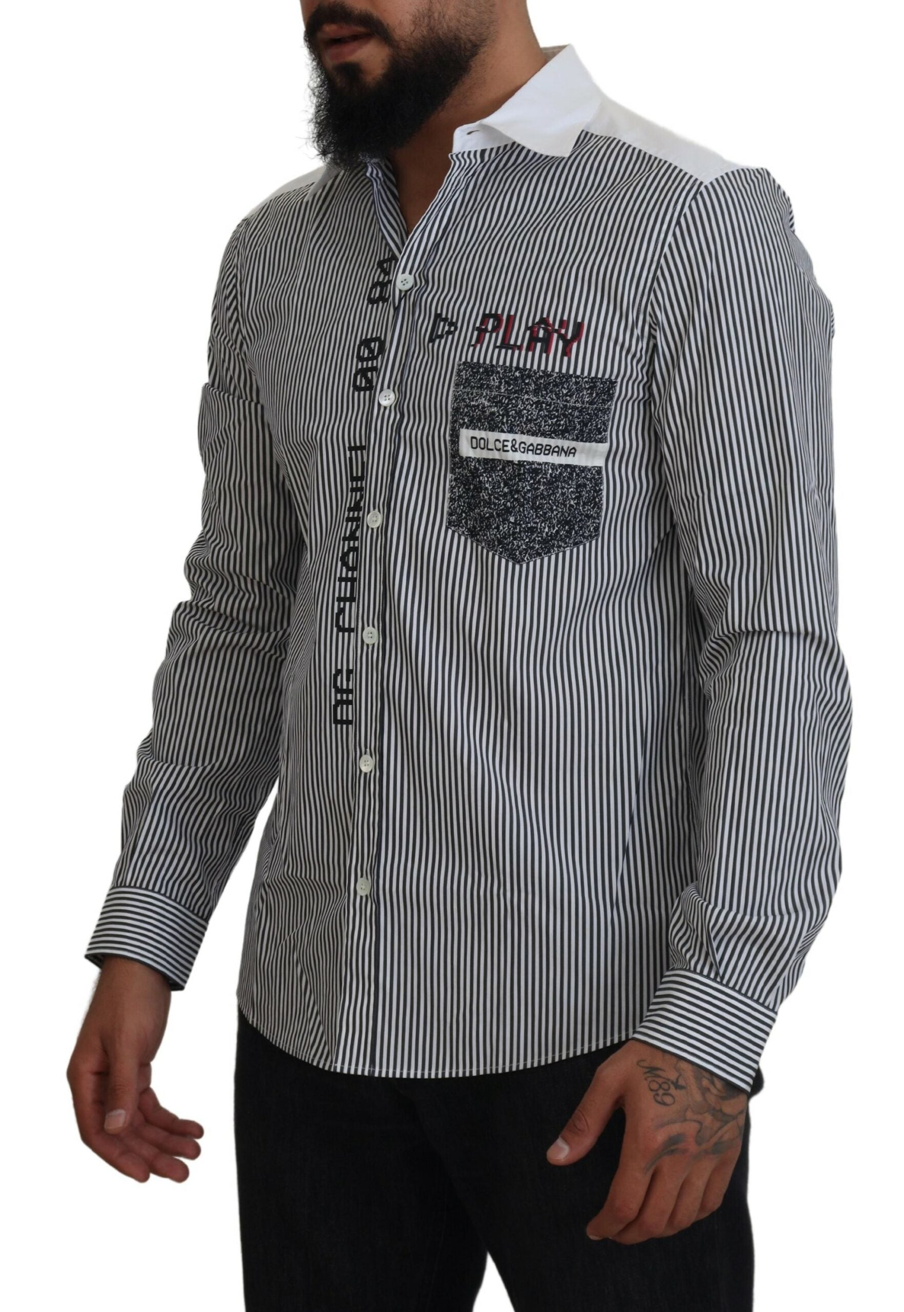 Gray and white striped slim fit shirt by Dolce & Gabbana, showing detailed fabric and collar design.