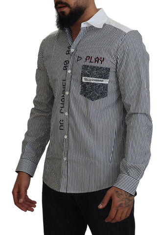 Gray and white striped slim fit shirt by Dolce & Gabbana, showing detailed fabric and collar design.