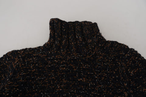 Brown Dolce & Gabbana Fatto A Mano turtleneck sweater, close-up of textured knit fabric and ribbed collar detail.
