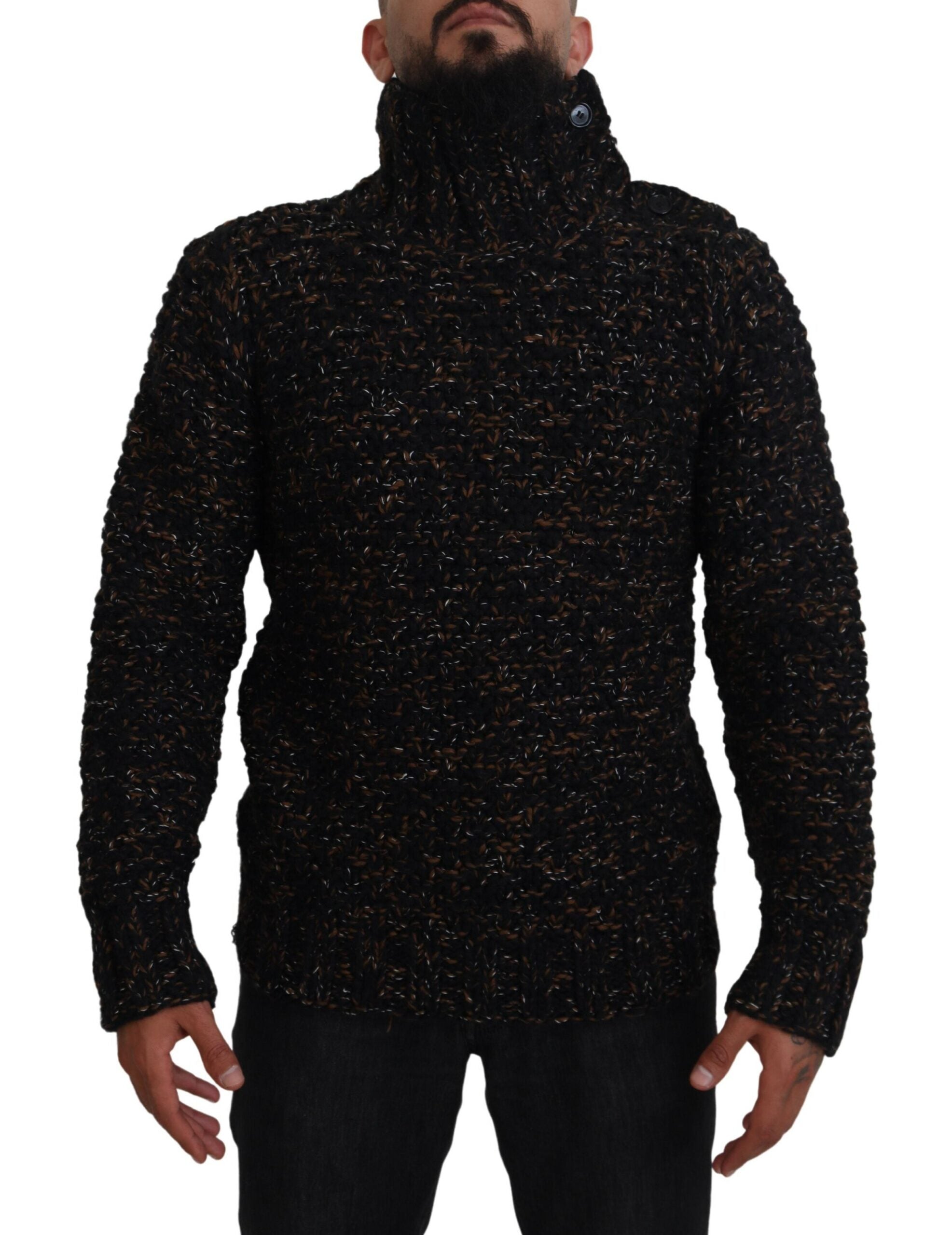 Brown Dolce & Gabbana Fatto A Mano turtleneck pullover sweater, cozy knit with a classic fit, shown on a model.