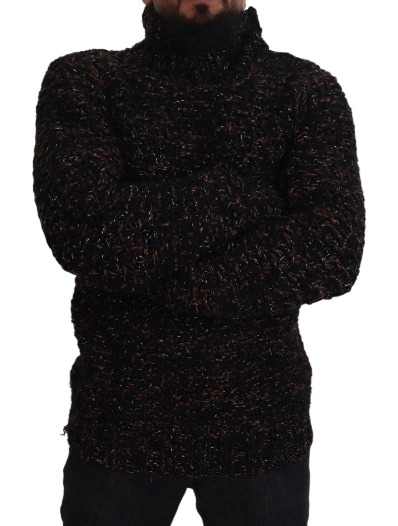 Brown Dolce & Gabbana Fatto A Mano turtleneck pullover sweater on a model, showcasing cozy knit texture and classic design.