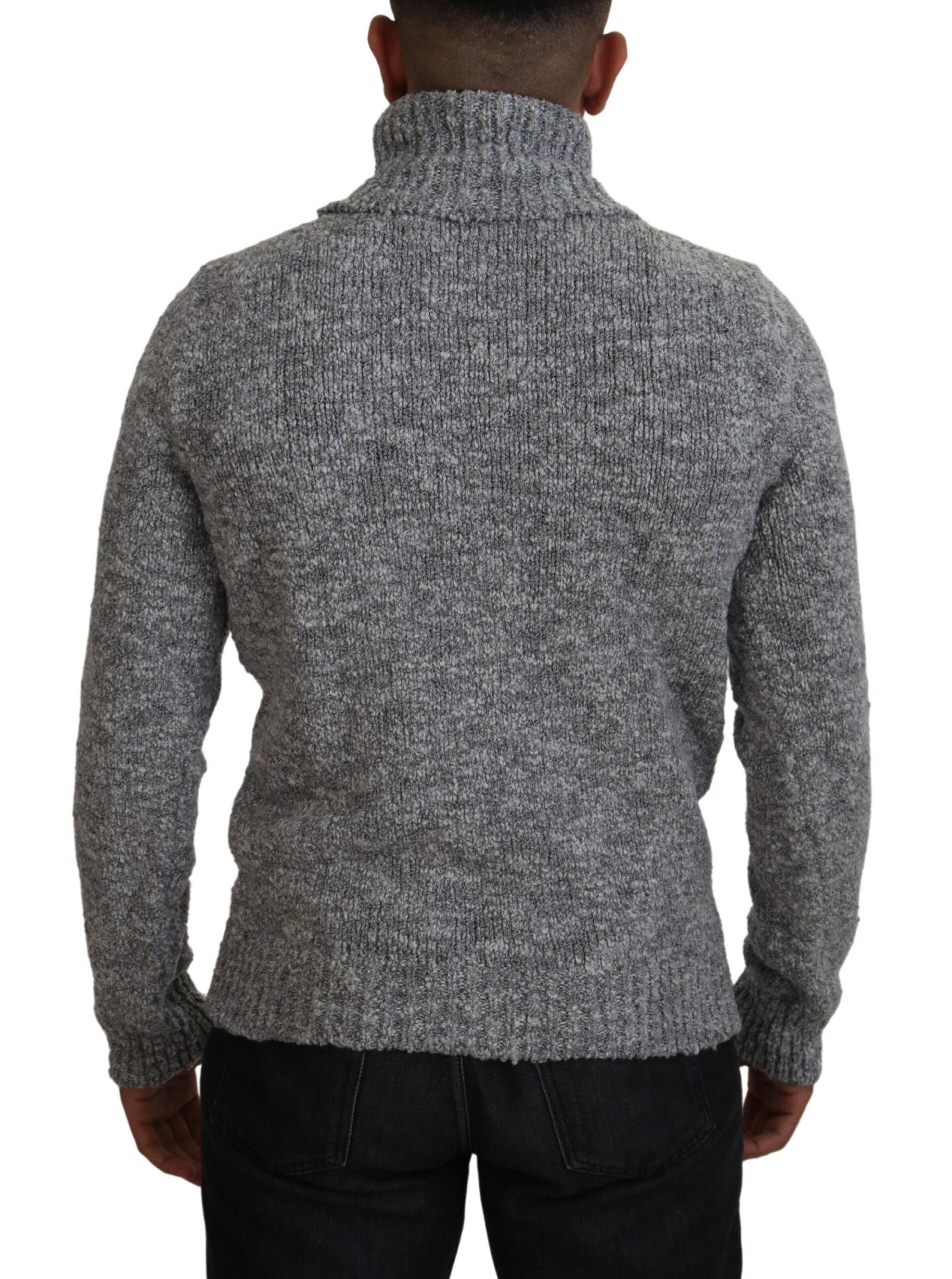 Gray wool knit turtleneck pullover sweater by Dolce & Gabbana, featuring a cozy, fitted design with a classic ribbed collar.