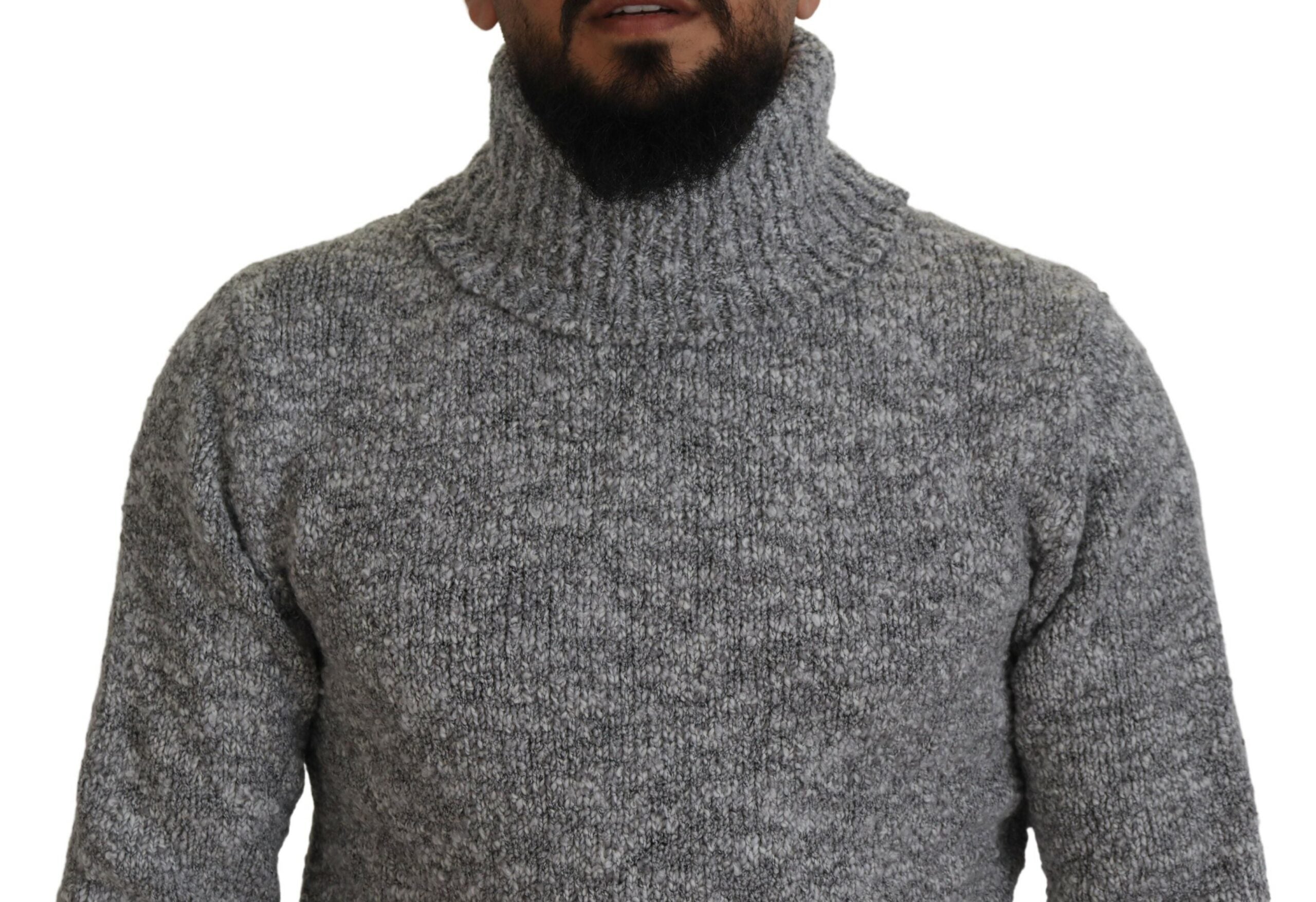 Gray Dolce & Gabbana wool knit turtleneck pullover sweater, close-up view showing textured fabric and classic fit.
