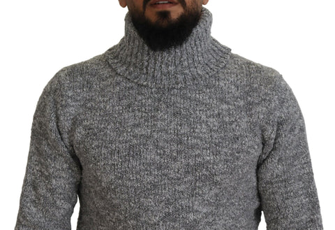 Gray Dolce & Gabbana wool knit turtleneck pullover sweater, close-up view showing textured fabric and classic fit.