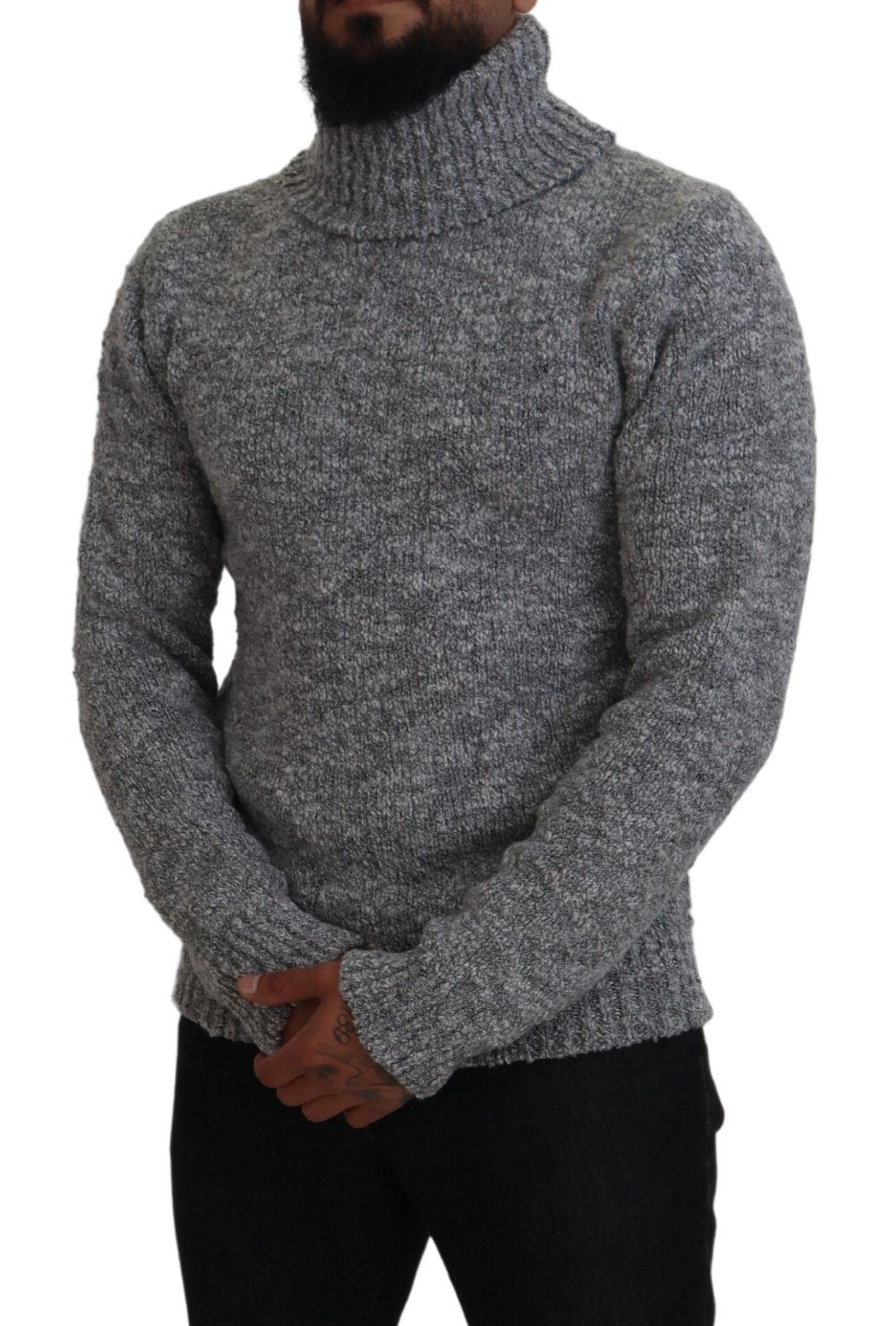 Gray wool knit turtleneck sweater by Dolce & Gabbana, close-up of textured fabric and classic collar.