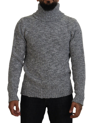 Gray wool knit turtleneck sweater by Dolce & Gabbana, showing close-up of soft, textured fabric and classic ribbed collar.