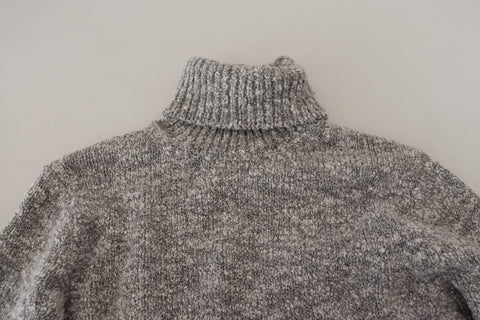 Gray wool knit turtleneck sweater by Dolce & Gabbana, close-up view of the cozy, textured knit fabric and high neckline.