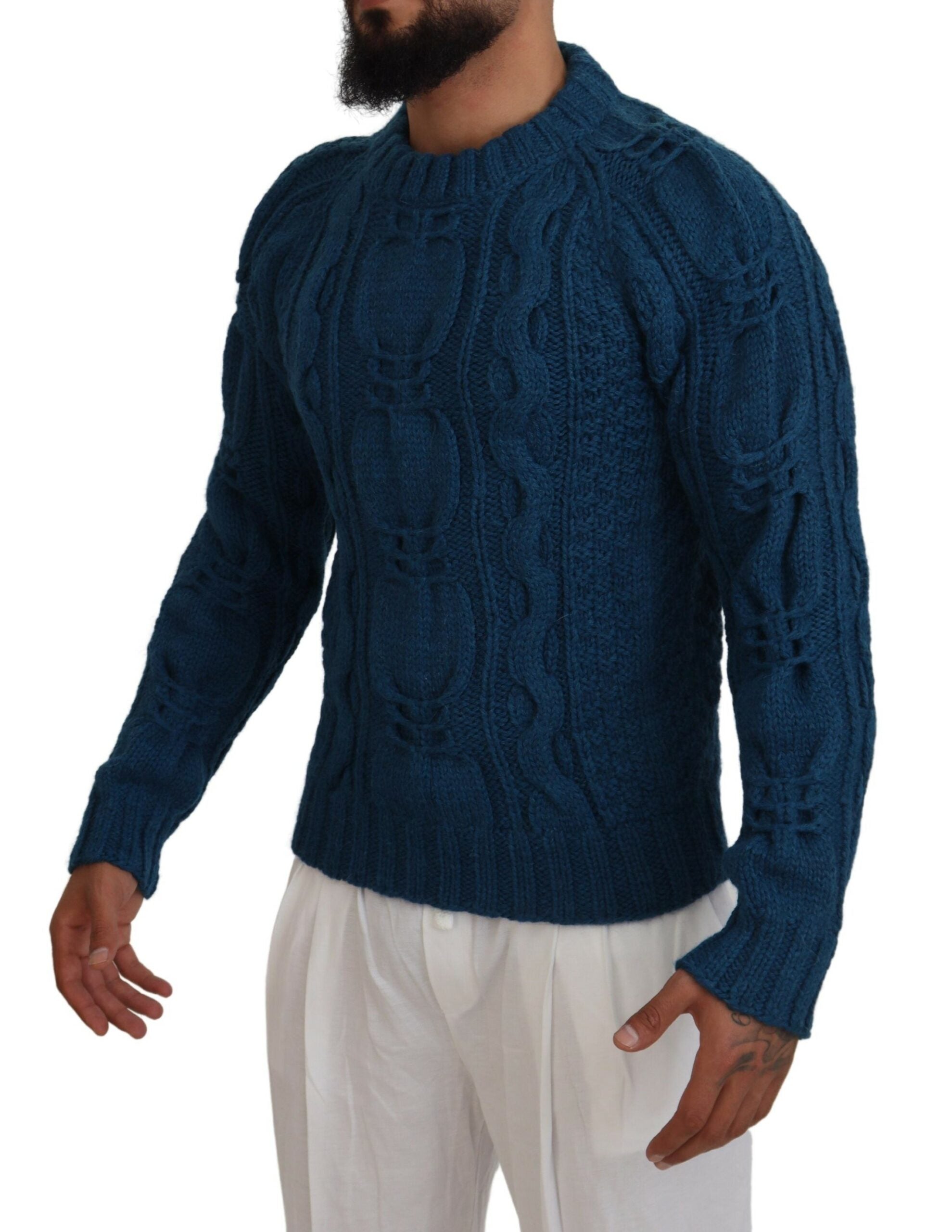 Blue knitted wool alpaca pullover sweater by Dolce & Gabbana, featuring a cozy, textured knit pattern.