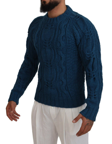 Blue knitted wool alpaca pullover sweater by Dolce & Gabbana, featuring a cozy, textured knit pattern.