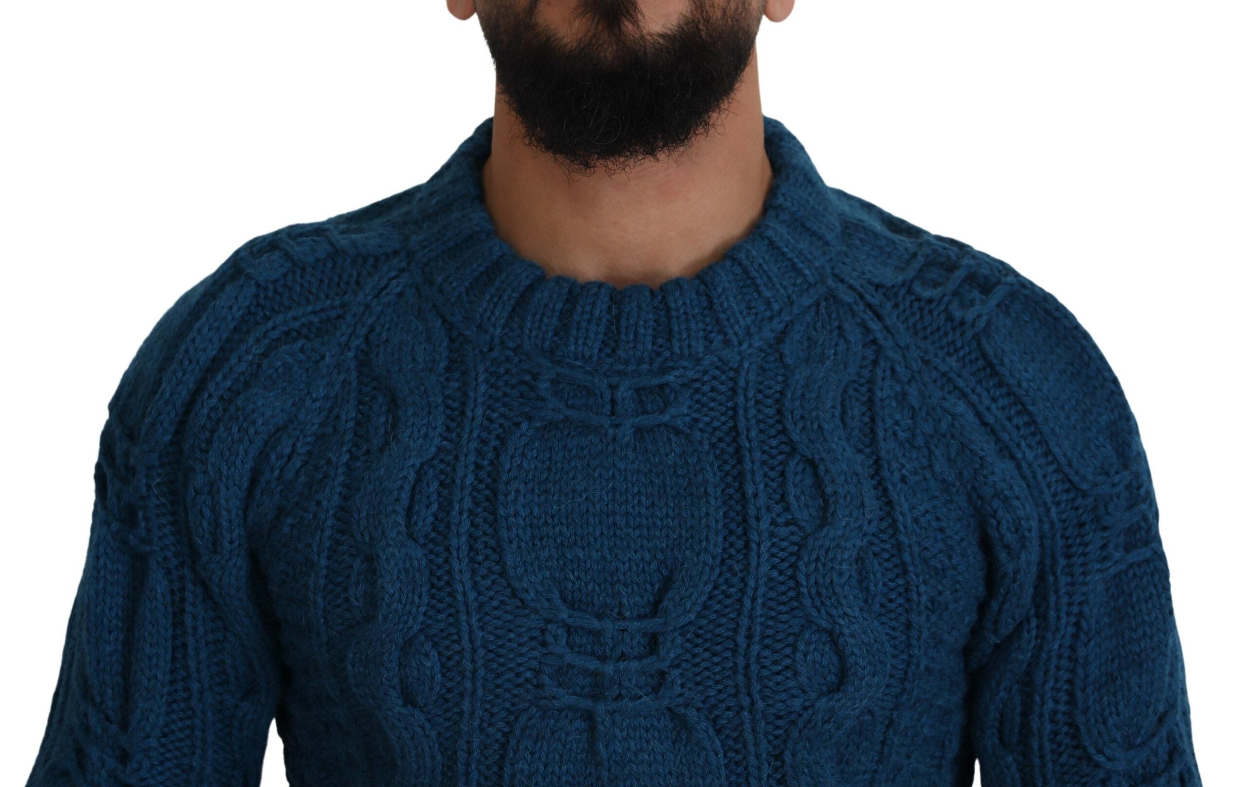 Blue knitted wool alpaca pullover sweater by Dolce & Gabbana, featuring a cozy, textured knit design.