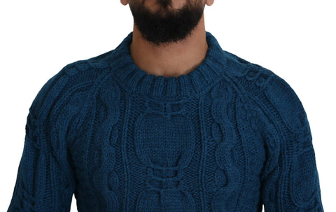Blue knitted wool alpaca pullover sweater by Dolce & Gabbana, featuring a cozy, textured knit design.