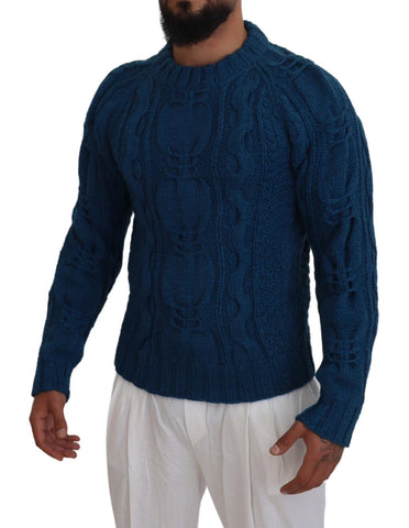 Blue knitted wool alpaca pullover sweater from Dolce & Gabbana with a cozy, textured design and ribbed cuffs.