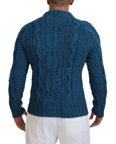 Blue knitted wool alpaca pullover sweater by Dolce & Gabbana, featuring a cozy, textured knit design.