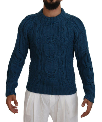 Blue knitted wool alpaca pullover sweater by Dolce & Gabbana, featuring a cozy, textured knit design.