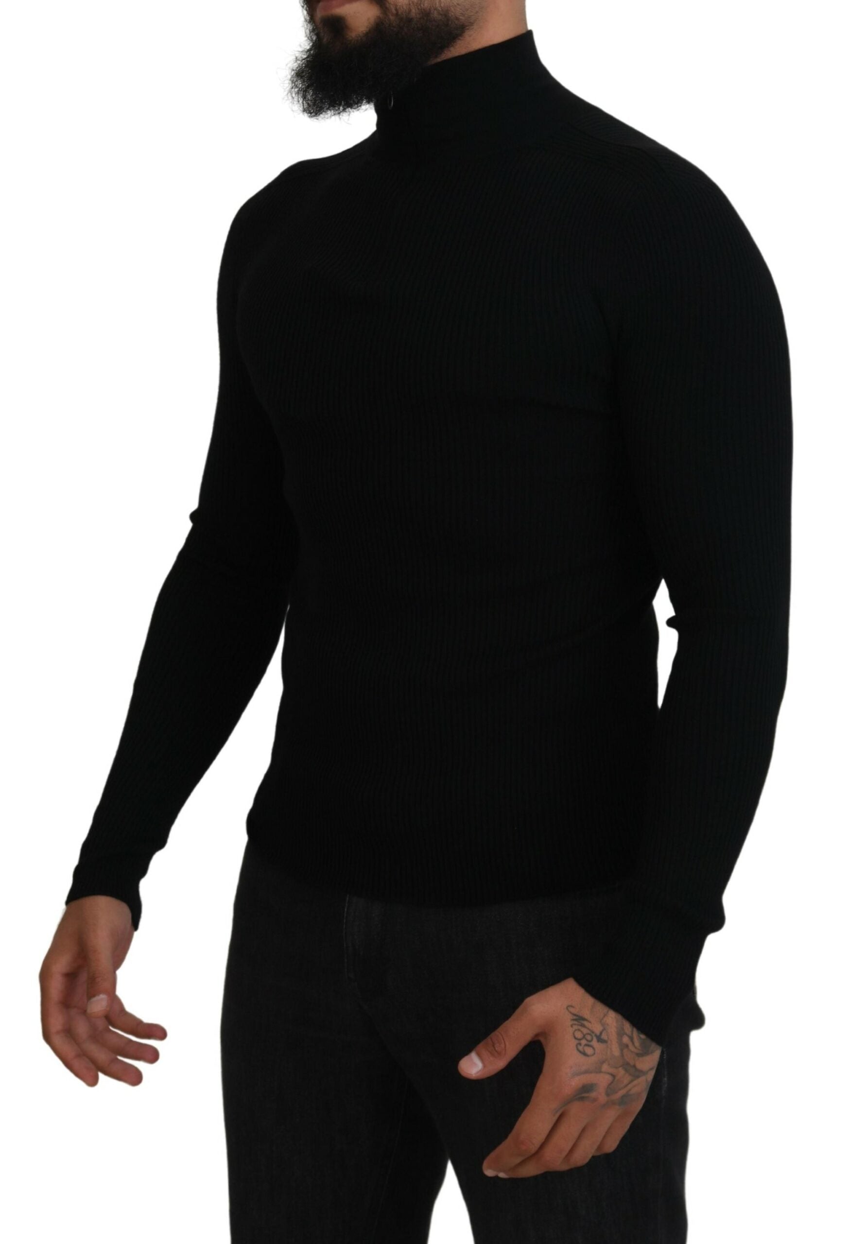 Black Dolce & Gabbana half zip turtleneck sweater with ribbed cuffs and collar, close-up view of the pullover on a plain background.