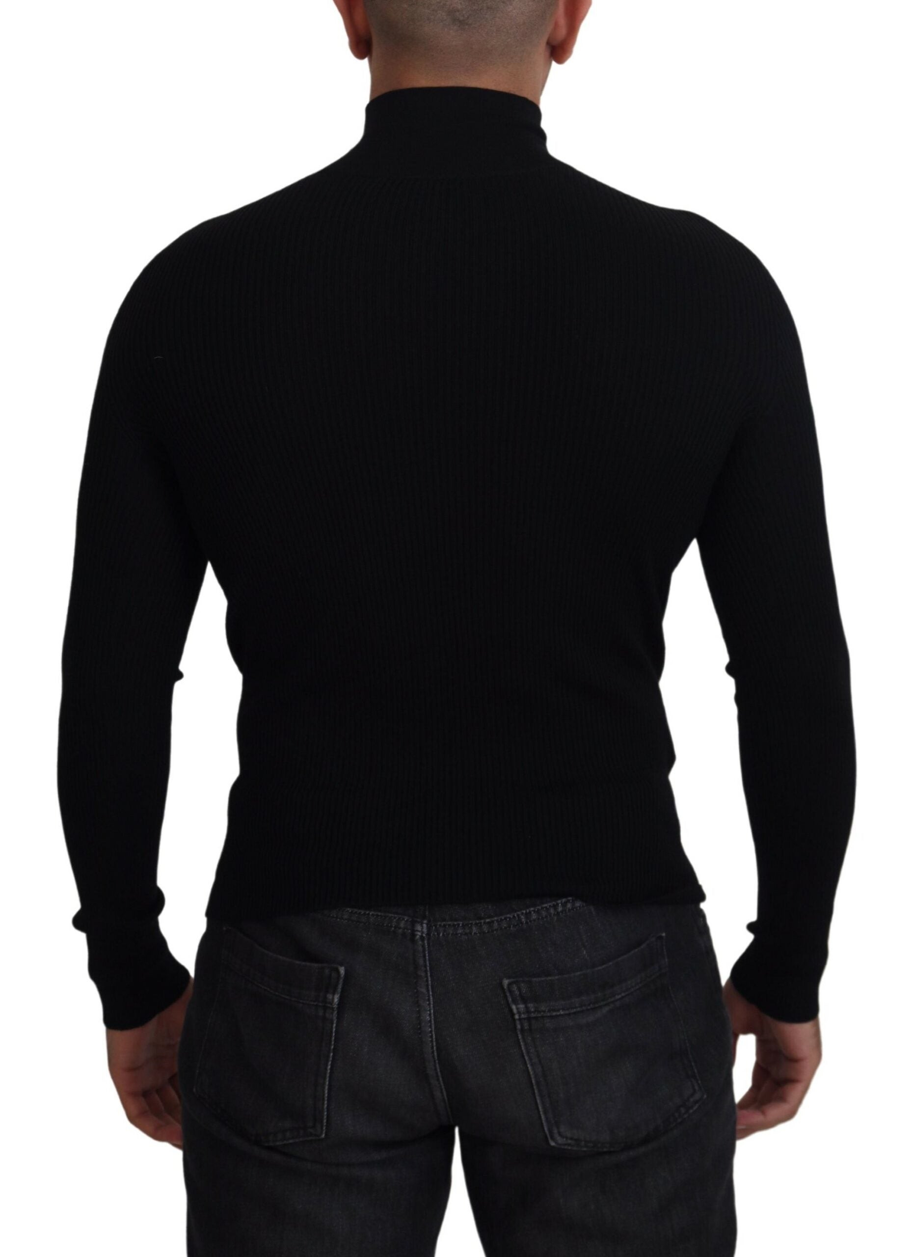 Black Dolce & Gabbana half zip turtleneck pullover sweater with a high collar and ribbed cuffs, displayed on a plain background.