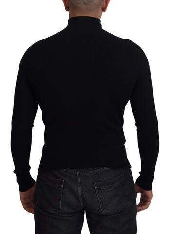 Black Dolce & Gabbana half zip turtleneck pullover sweater with a high collar and ribbed cuffs, displayed on a plain background.