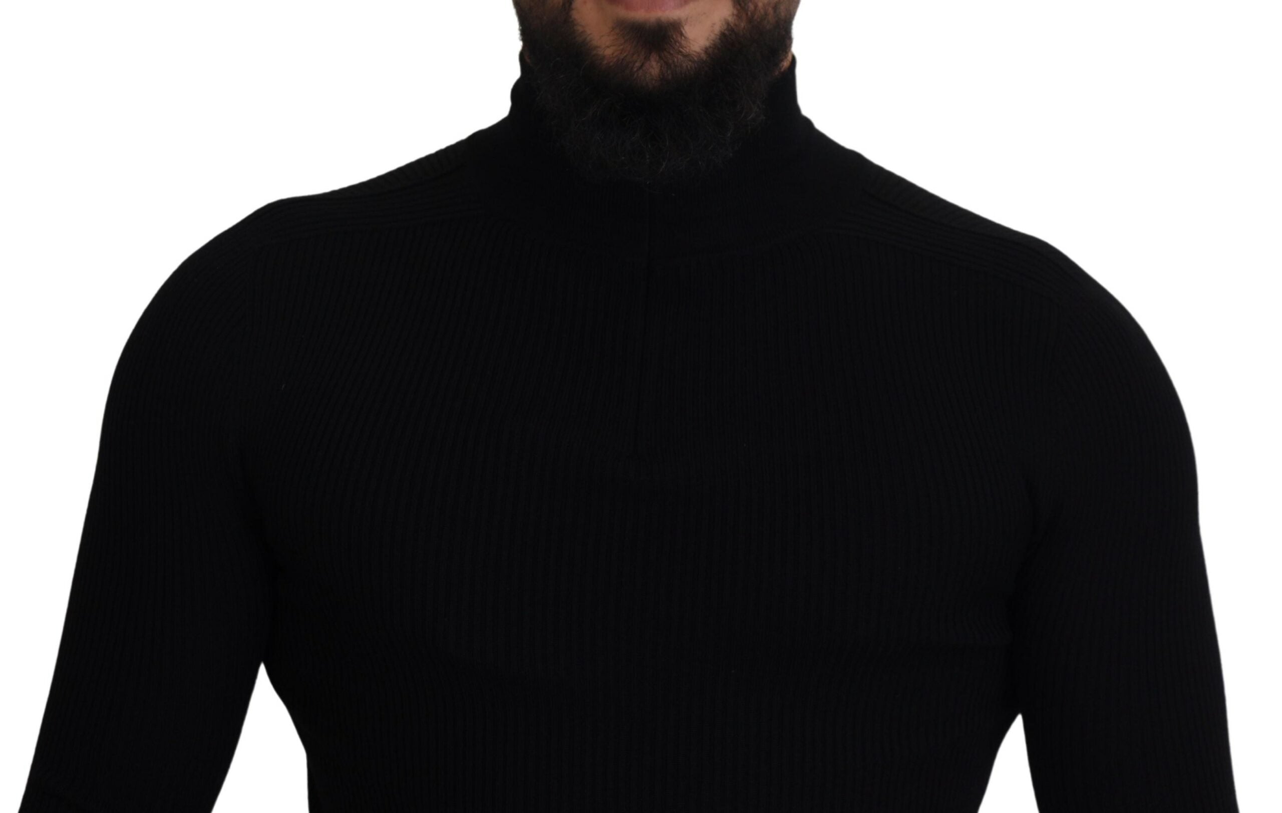 Black Dolce & Gabbana half zip turtleneck pullover sweater, close-up of fabric and zipper detail.