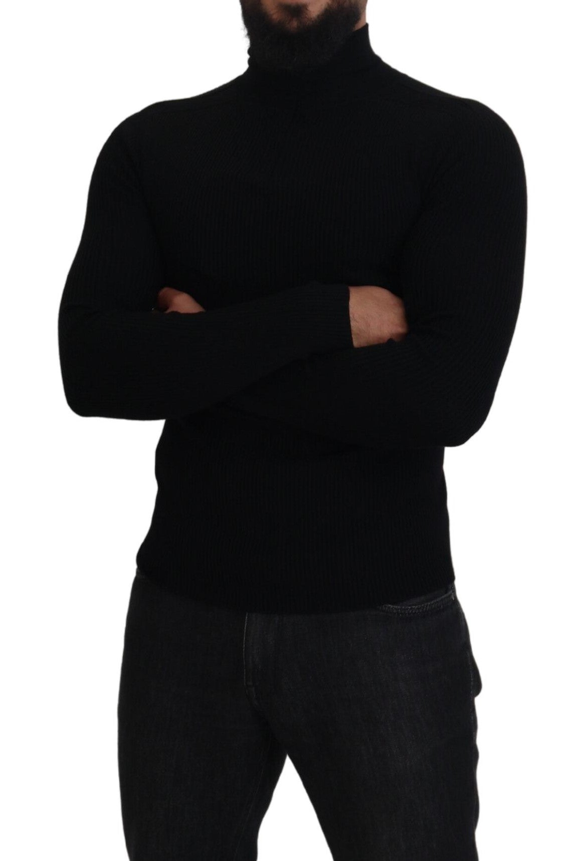 Black Dolce & Gabbana half zip turtleneck sweater featuring a high collar and long sleeves, displayed on a neutral background.