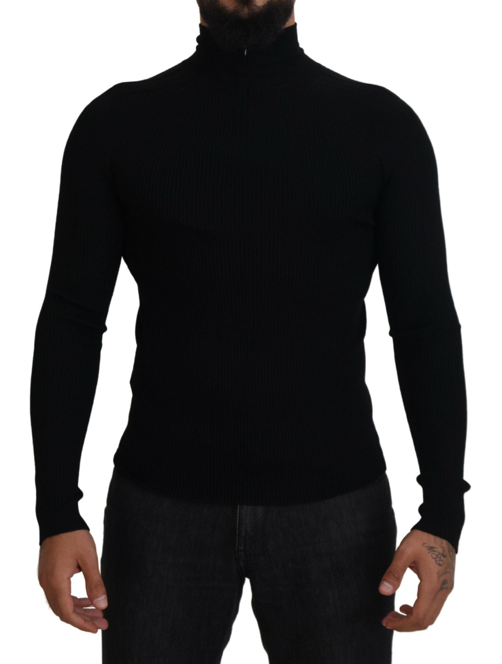 Black Dolce & Gabbana half zip turtleneck pullover sweater, close-up of the knit fabric and zipper detail.