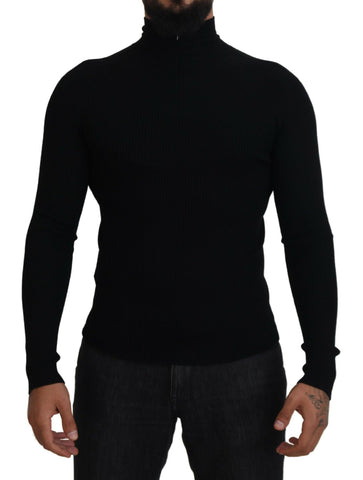 Black Dolce & Gabbana half zip turtleneck pullover sweater, close-up of the knit fabric and zipper detail.