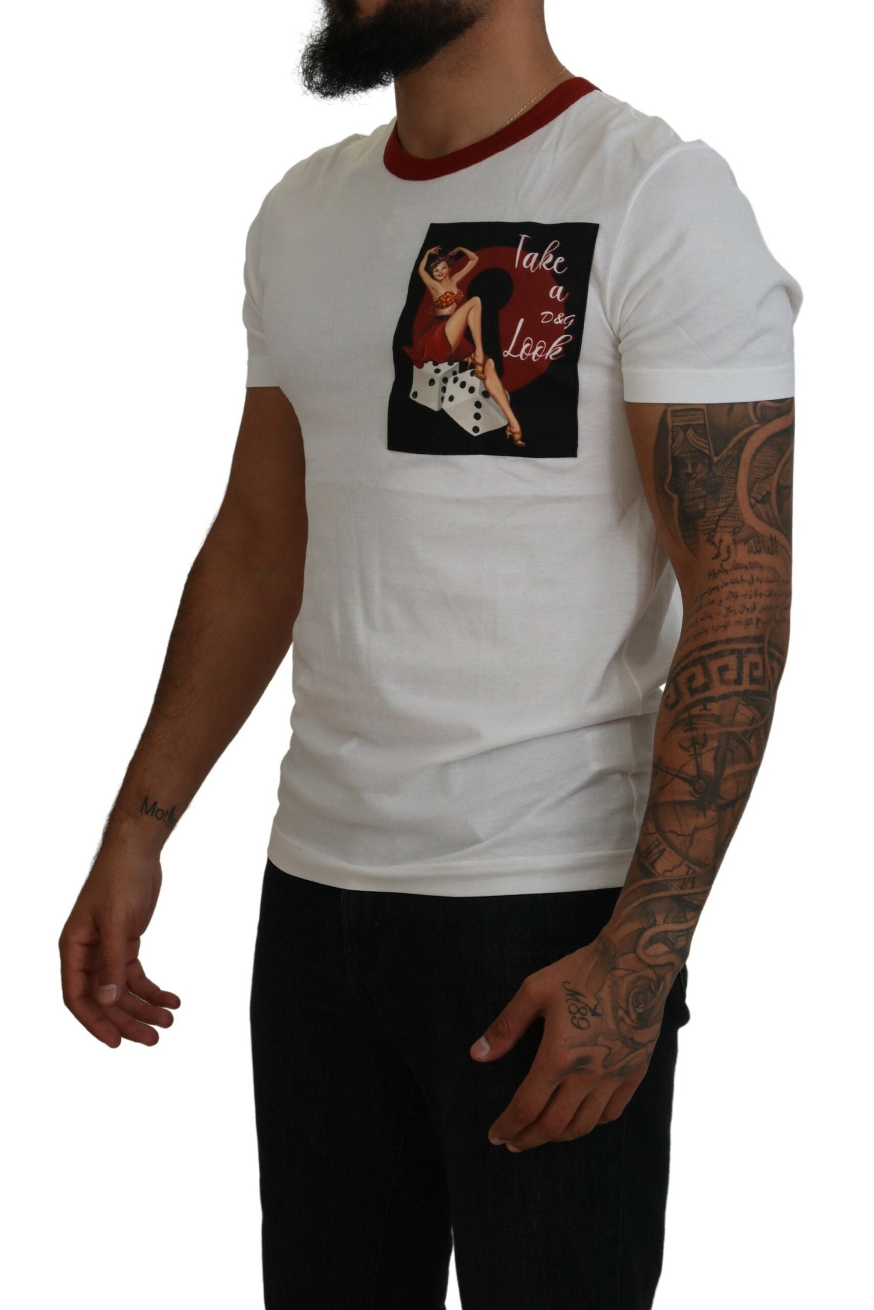 White cotton crewneck T-shirt with Dolce & Gabbana logo print, casual and stylish men's T-shirt, front view.