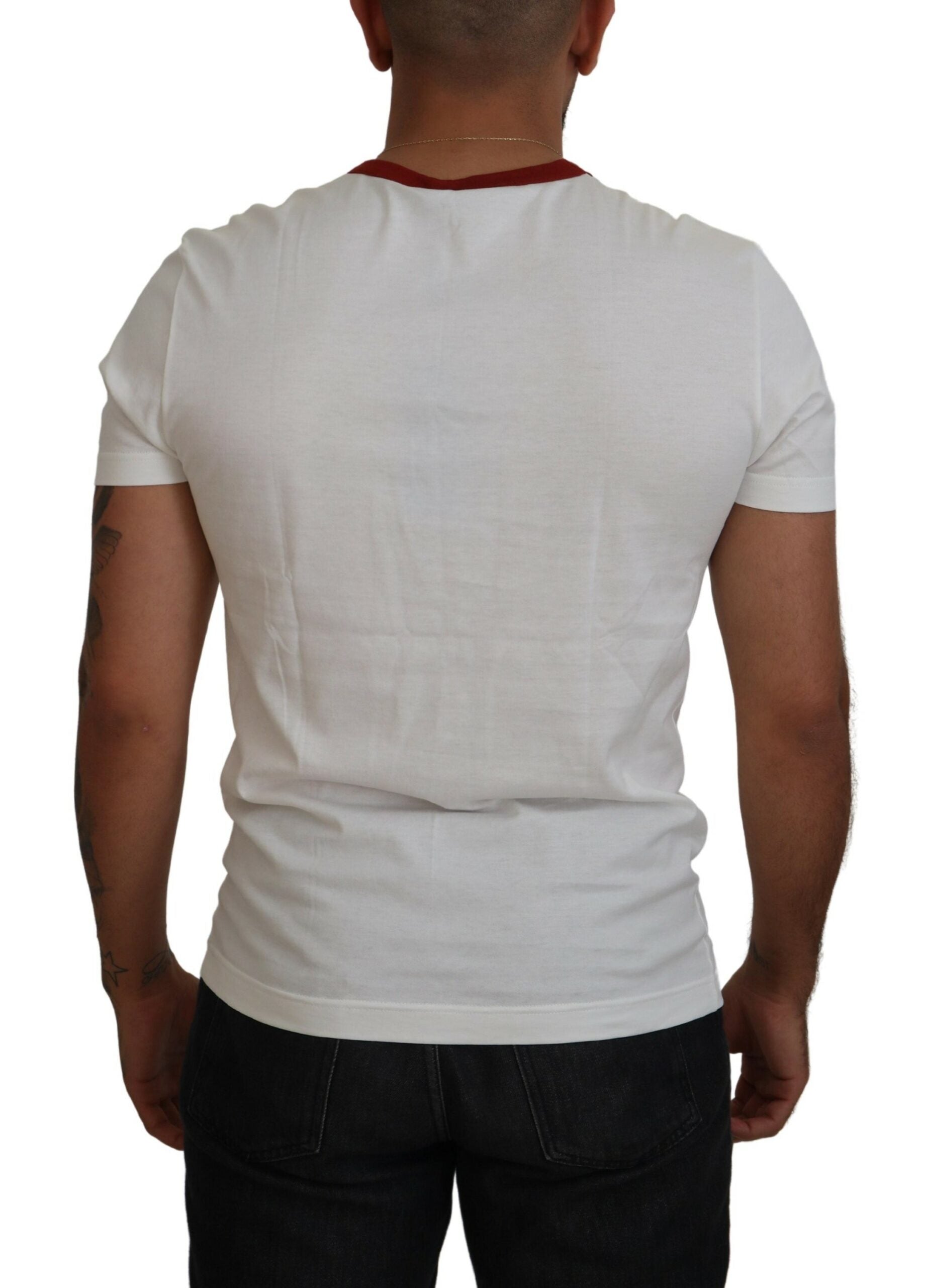 White cotton crewneck T-shirt with Dolce & Gabbana logo print, casual style, front view showing logo design.