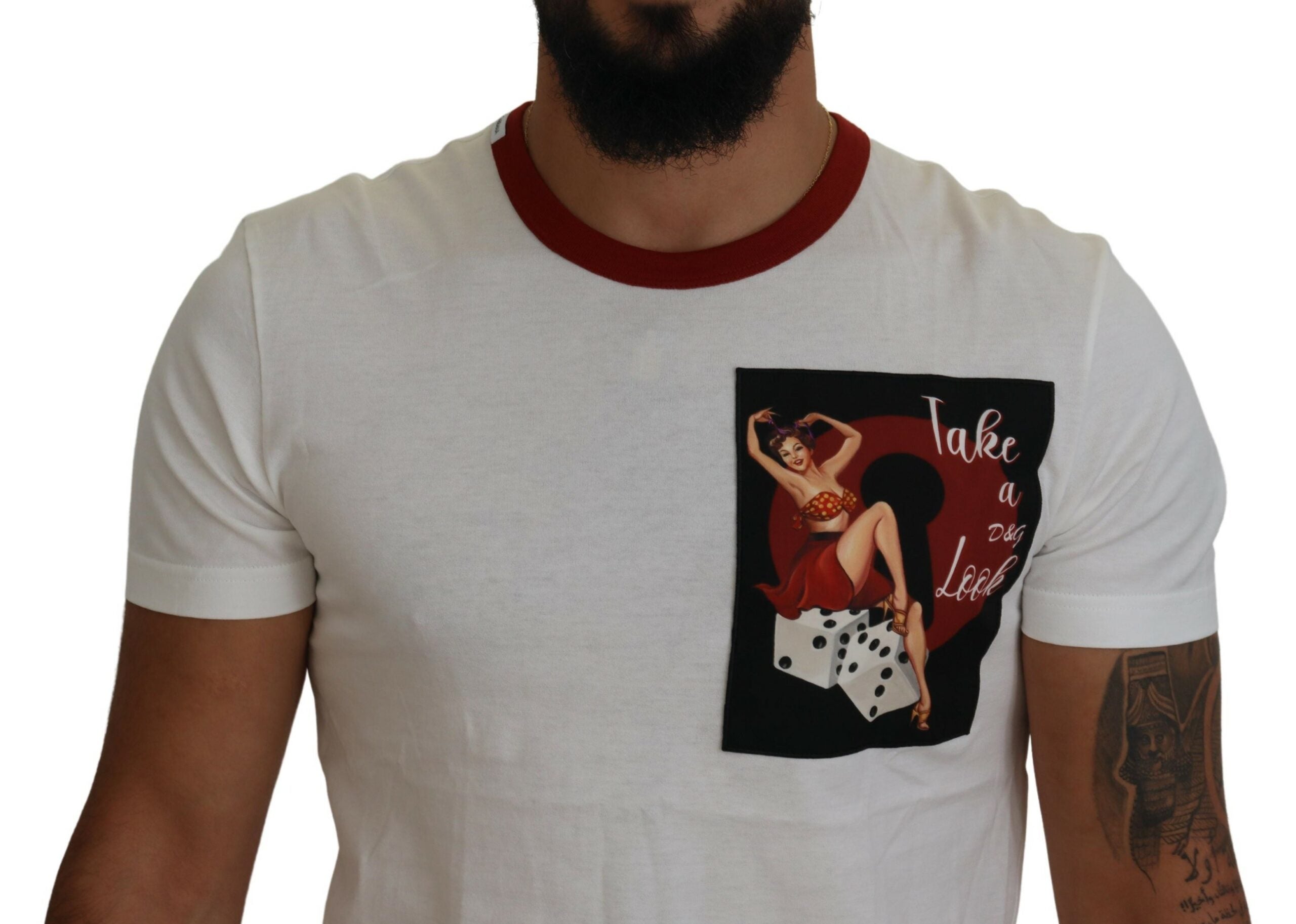 White cotton crewneck T-shirt with Dolce & Gabbana logo print, casual men's fashion top, front view.