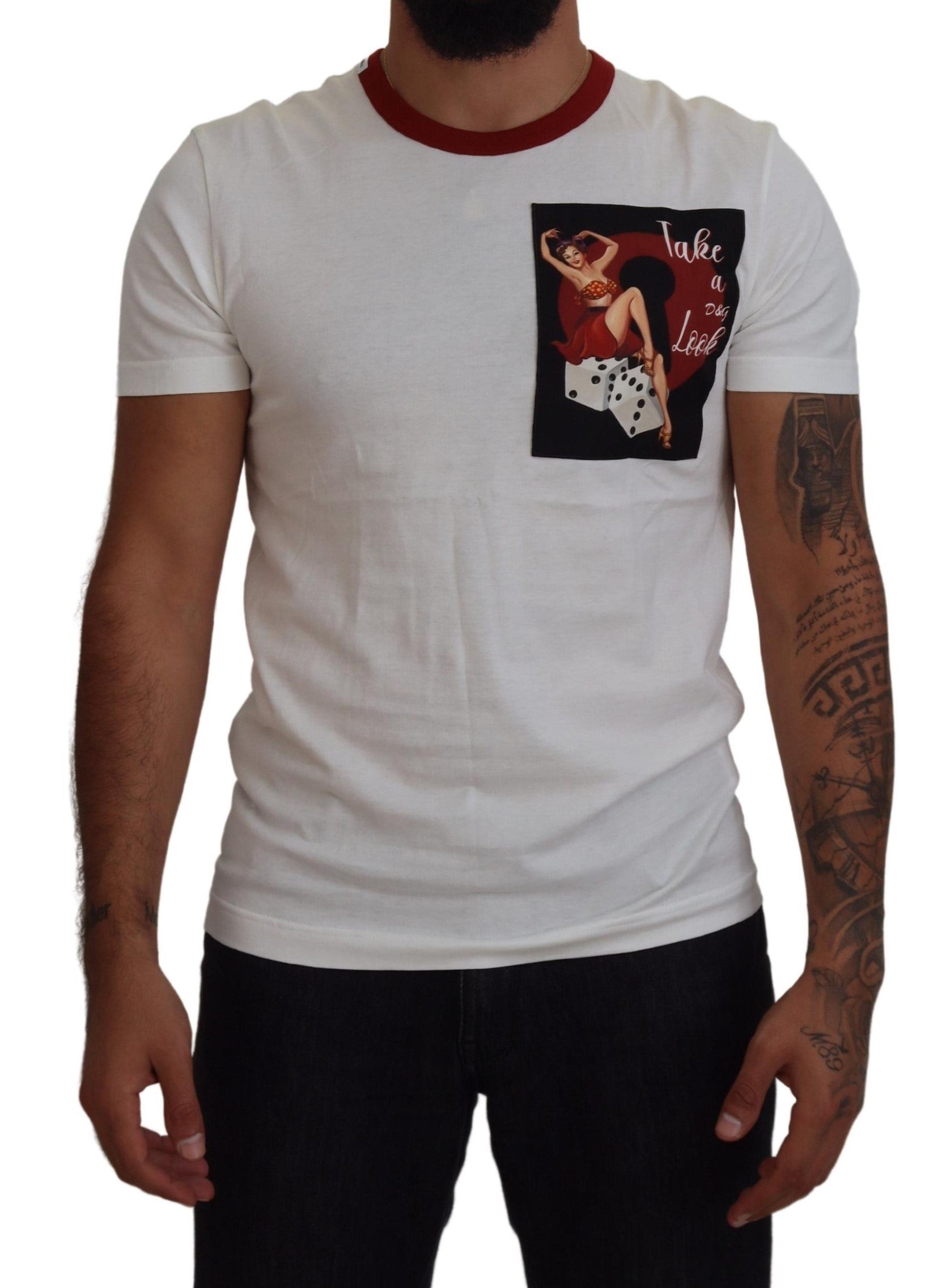 White cotton crewneck T-shirt with Dolce & Gabbana logo print, casual style, featuring short sleeves and a relaxed fit.