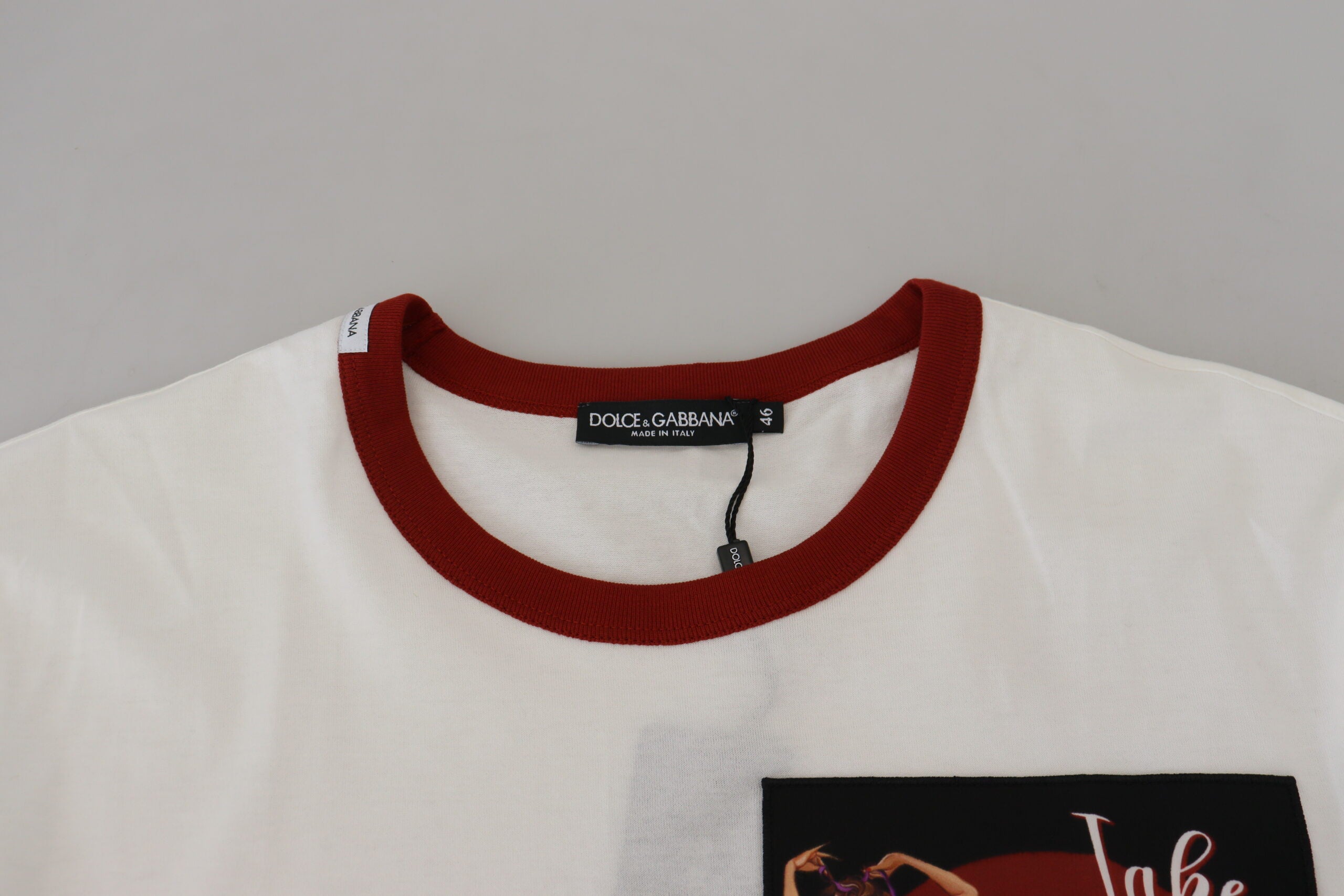 White cotton crewneck T-shirt with Dolce & Gabbana logo print, casual fit, soft fabric, and classic style.
