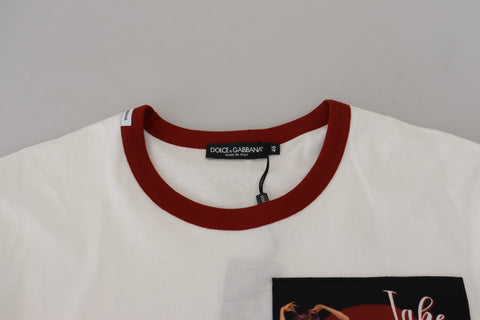 White cotton crewneck T-shirt with Dolce & Gabbana logo print, casual fit, soft fabric, and classic style.