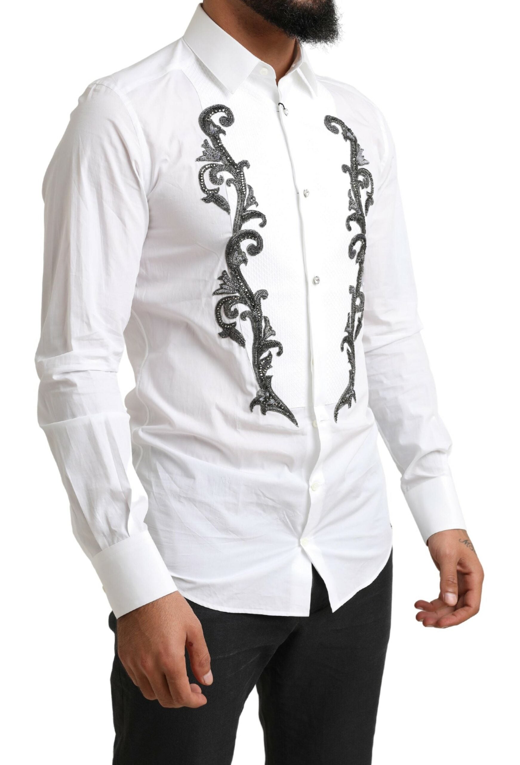 White slim fit Baroque shirt from Dolce & Gabbana featuring intricate patterns and elegant design for formal occasions.