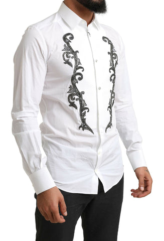 White slim fit Baroque shirt from Dolce & Gabbana featuring intricate patterns and elegant design for formal occasions.