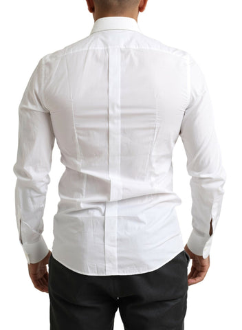 White slim fit Baroque tuxedo shirt by Dolce & Gabbana, featuring intricate patterns and a classic collar.