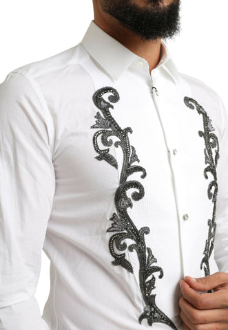 White Dolce & Gabbana slim fit tuxedo shirt with baroque pattern detail, featuring a classic collar and button front.