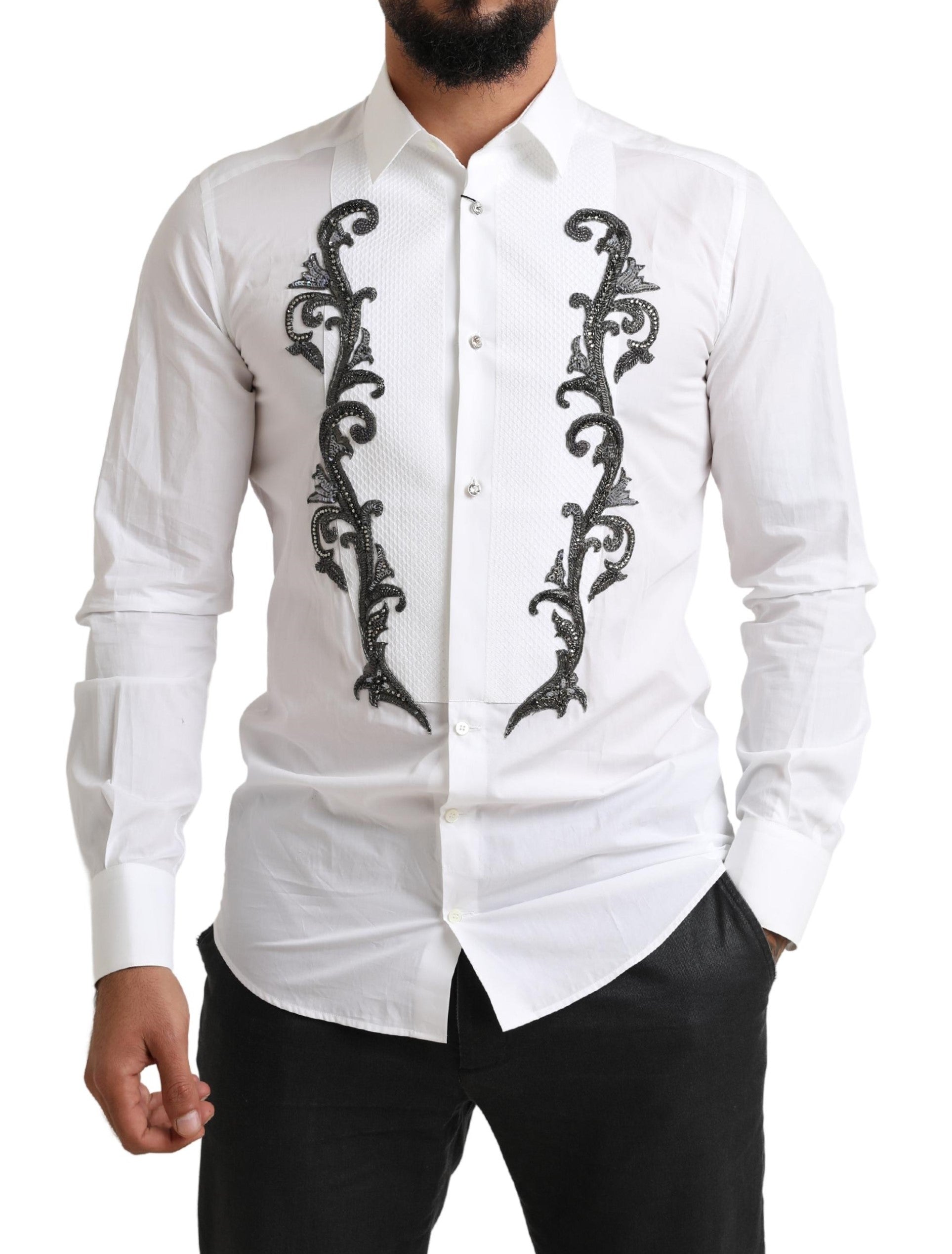 White slim fit tuxedo baroque shirt by Dolce & Gabbana, featuring intricate pattern and classic collar detail.