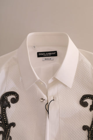 White tuxedo slim fit Baroque shirt by Dolce & Gabbana, featuring intricate Baroque pattern and tailored collar.