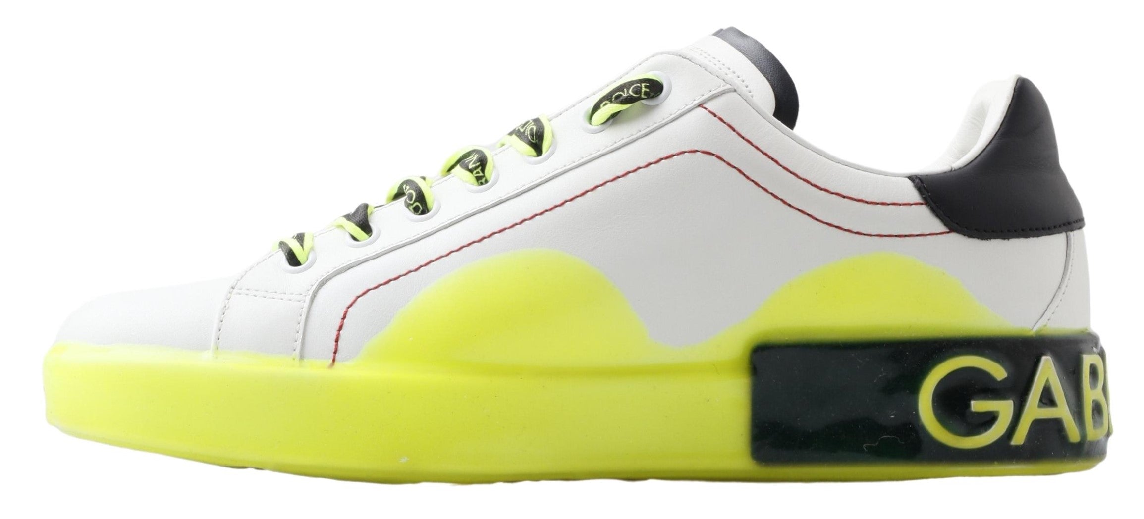 White and yellow Portofino leather sneakers by Dolce & Gabbana, featuring stylish design and lace-up closure.
