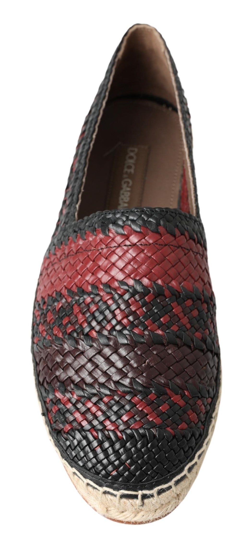 Black Bordeaux Buffalo Leather Espadrille Shoes by Dolce & Gabbana, featuring woven jute soles and casual slip-on design.