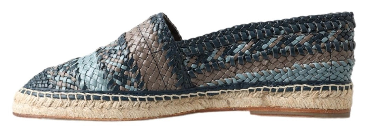Blue gray leather buffalo espadrille shoes by Dolce & Gabbana with woven jute sole and casual slip-on style.
