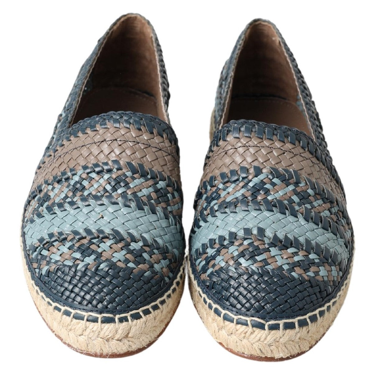 Blue gray leather buffalo espadrille shoes by Dolce & Gabbana, featuring a woven sole and slip-on design for casual style.