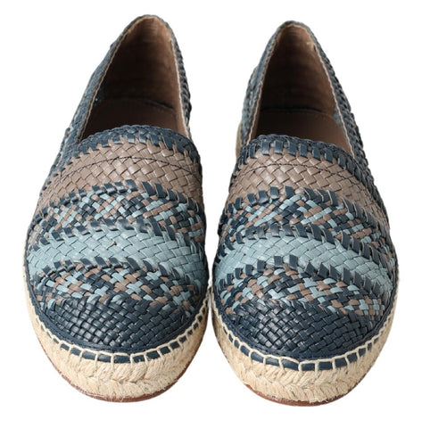Blue gray leather buffalo espadrille shoes by Dolce & Gabbana, featuring a woven sole and slip-on design for casual style.