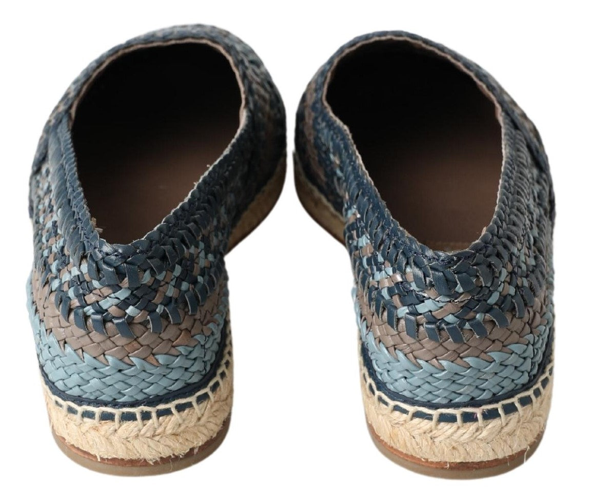 Blue gray leather buffalo espadrille shoes by Dolce & Gabbana with woven jute soles and casual slip-on design.