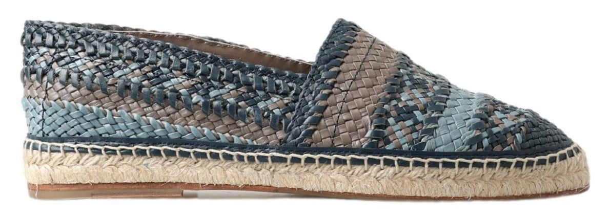 Blue gray leather buffalo espadrille shoes by Dolce & Gabbana with woven jute sole and casual slip-on design.