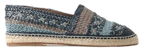 Blue gray leather buffalo espadrille shoes by Dolce & Gabbana with woven jute sole and casual slip-on design.