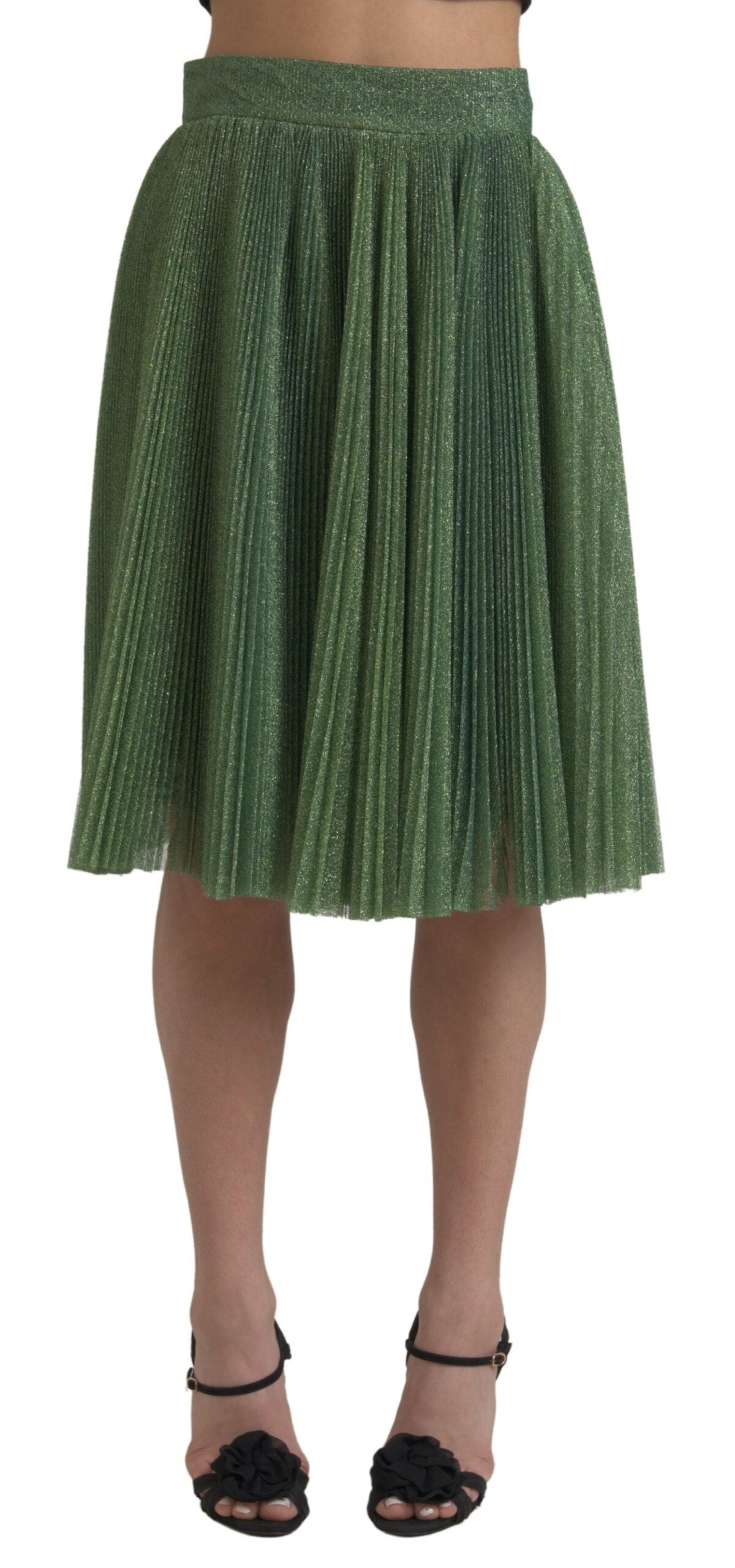 Metallic green high waist A-line pleated skirt by Dolce & Gabbana, showcasing shiny fabric and elegant pleats.