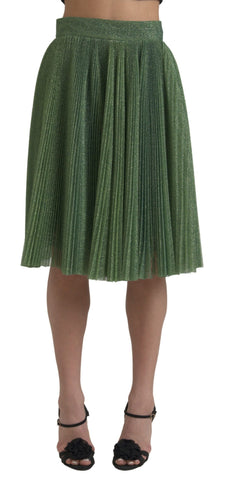 Metallic green high waist A-line pleated skirt by Dolce & Gabbana, showcasing shiny fabric and elegant pleats.