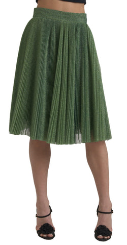 Metallic green high waist A-line pleated skirt by Dolce & Gabbana, shown on a hanger against a plain background.
